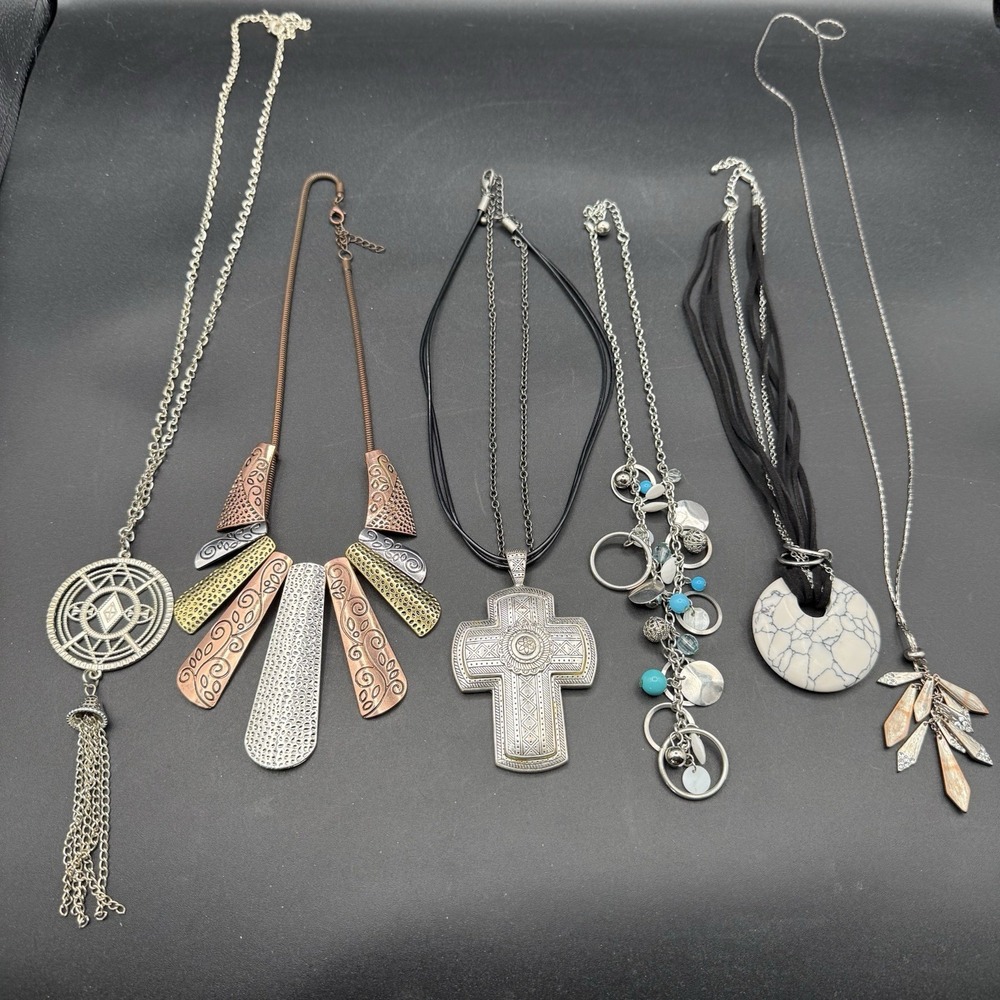 Lot of 6 Chunky Gold Silver Tone Costume Jewelry Necklaces Mixed Lot Cross Pearl - Picture 1 of 8